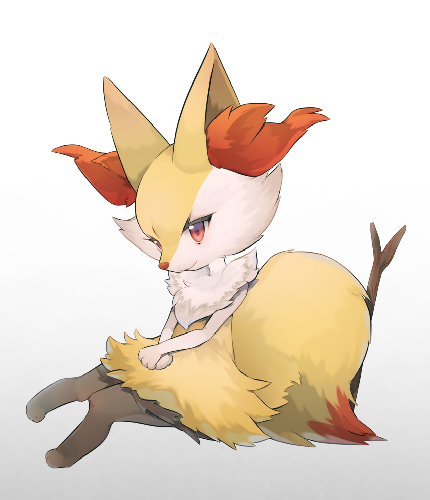 1other animal_ear_fluff braixen closed_mouth commentary_request ebichi_(mon600n) full_body furry highres knees_together_feet_apart looking_down own_hands_together pokemon pokemon_(creature) red_eyes sitting smile solo stick white_background