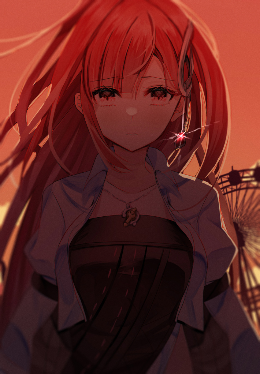 1girl aria_(harvestella) black_dress closed_mouth commentary cropped_jacket dress earrings evening ferris_wheel floating_hair hair_ornament harvestella highres hoshitsukiseino jacket jewelry long_hair looking_at_viewer necklace orange_sky outdoors red_eyes redhead sky solo straight_hair sunset very_long_hair white_jacket