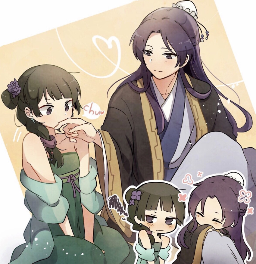 1boy 1girl bare_shoulders blunt_bangs blush bun_cover chinese_clothes closed_eyes closed_mouth collarbone finger_to_another's_mouth hakuuyori hanfu highres jinshi_(kusuriya_no_hitorigoto) kusuriya_no_hitorigoto long_hair maomao_(kusuriya_no_hitorigoto) open_mouth purple_hair upper_body violet_eyes wide_sleeves