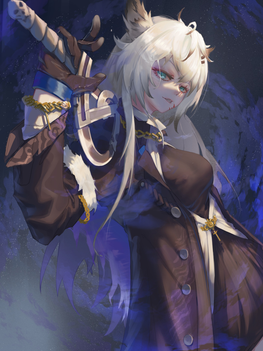 1girl absurdres animal_ears arknights black_coat black_dress black_gloves blood blood_on_face blue_eyes breasts coat cowboy_shot dress gloves highres holding holding_sword holding_weapon lappland_(arknights) lappland_(refined_horrormare)_(arknights) looking_at_viewer official_alternate_costume open_clothes open_coat scar scar_across_eye small_breasts smile solo sqh510 sword weapon weapon_behind_back white_hair wolf_ears wolf_girl
