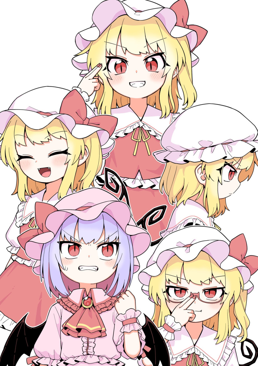 5girls adjusting_eyewear ascot bat_wings blonde_hair blue_hair bob_cut bow clenched_hand clone closed_eyes collared_shirt fangs flandre_scarlet four_of_a_kind_(touhou) frilled_shirt frilled_shirt_collar frilled_wrist_cuffs frills from_side glasses grin hat hat_bow highres looking_at_another looking_at_viewer looking_to_the_side medium_hair mob_cap multiple_girls one_side_up oninamako pink_headwear pink_shirt puffy_short_sleeves puffy_sleeves red-framed_eyewear red_ascot red_bow red_eyes red_skirt red_vest remilia_scarlet shirt short_sleeves siblings sidelocks sisters skirt slit_pupils smile sweat touhou vest white_background white_headwear white_shirt wings wrist_cuffs