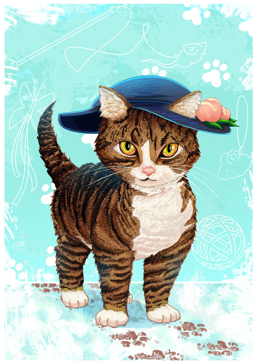 absurdres animal animal_focus black_headwear blue_background brown_cat brown_fur cat closed_mouth commission commissioner_upload diathadevil full_body hat highres leaf_hat_ornament looking_at_viewer multicolored_cat no_humans non-web_source original paw_print paw_print_background peach_hat_ornament real_life short_tail simple_background standing striped_fur whiskers white_fur yellow_eyes