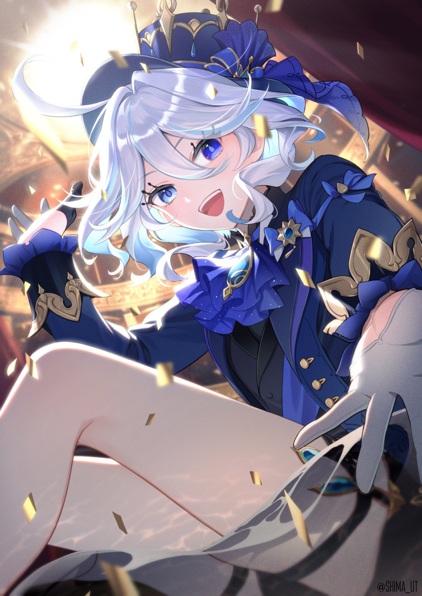 1girl absurdres ahoge ascot black_gloves blue_ascot blue_eyes blue_gemstone blue_hair blue_headwear confetti curtains furina_(genshin_impact) gem genshin_impact gloves hat heterochromia highres long_sleeves looking_at_viewer noes smile solo top_hat white_gloves