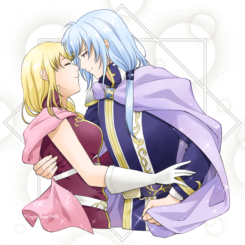 1boy 1girl absurdres artist_name blonde_hair blue_hair cape closed_eyes closed_mouth commentary_request couple fire_emblem fire_emblem:_the_blazing_blade gloves hetero highres long_hair louise_(fire_emblem) midori_no_baku pent_(fire_emblem) purple_cape smile upper_body violet_eyes white_background white_gloves