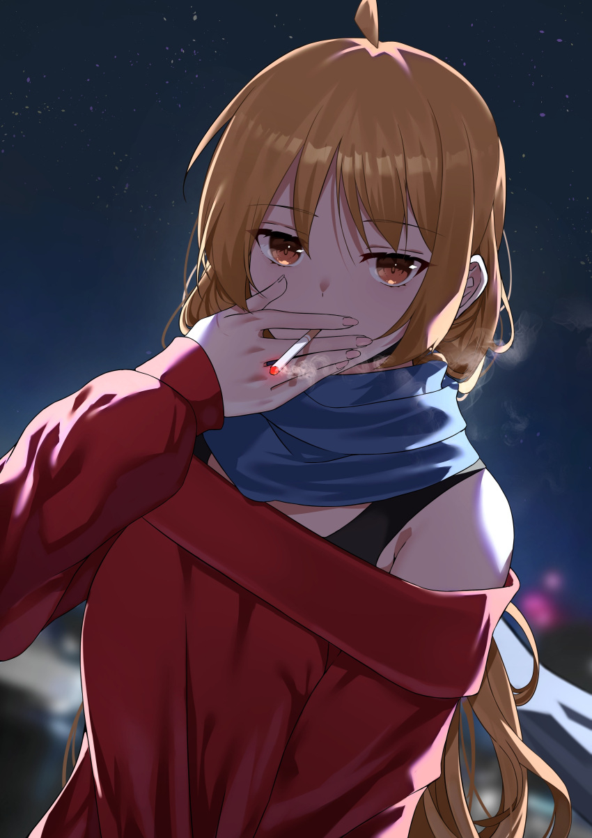 absurdres bare_shoulders blonde_hair blue_scarf blurry blurry_background bocchi_the_rock! bureoeve cigarette highres holding holding_cigarette ijichi_seika long_hair looking_at_viewer night night_sky off-shoulder_sweater off_shoulder orange_eyes red_sweater scarf sky smoke star_(sky) sweater