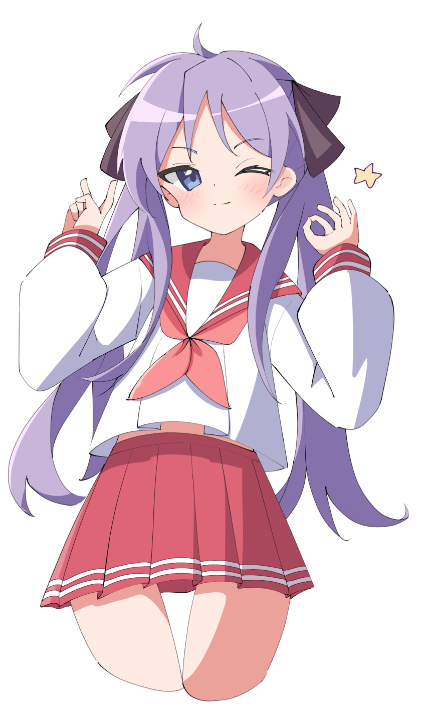 1girl ;) black_ribbon blue_eyes cowboy_shot cropped_legs double_horizontal_stripe hair_ribbon hands_up highres hiiragi_kagami long_hair long_sleeves lucky_star miniskirt neckerchief ok_sign one_eye_closed pink_neckerchief pleated_skirt puffy_long_sleeves puffy_sleeves purple_hair rarachan_sr red_sailor_collar red_skirt ribbon ryouou_school_uniform sailor_collar school_uniform shirt simple_background skirt smile split_mouth star_(symbol) tsurime twintails v very_long_hair white_background white_shirt