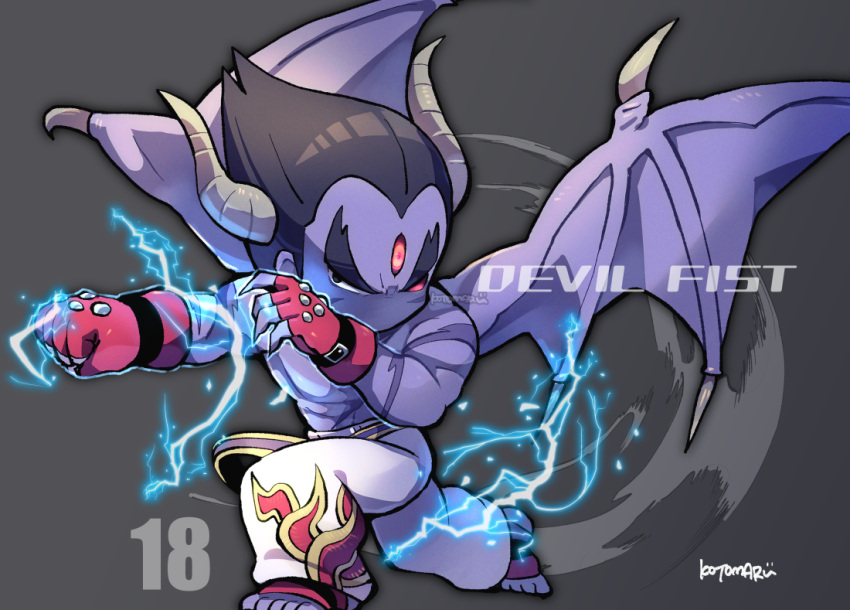 1boy belt black_hair claws colored_skin demon_wings electricity full_body gloves grey_background grey_horns horns kotorai male_focus mishima_kazuya no_mouth pants punching purple_belt purple_skin red_gloves scar scar_on_arm scar_on_chest scar_on_face signature solo studded_gloves tekken thick_eyebrows third_eye topless_male v-shaped_eyebrows white_pants wings