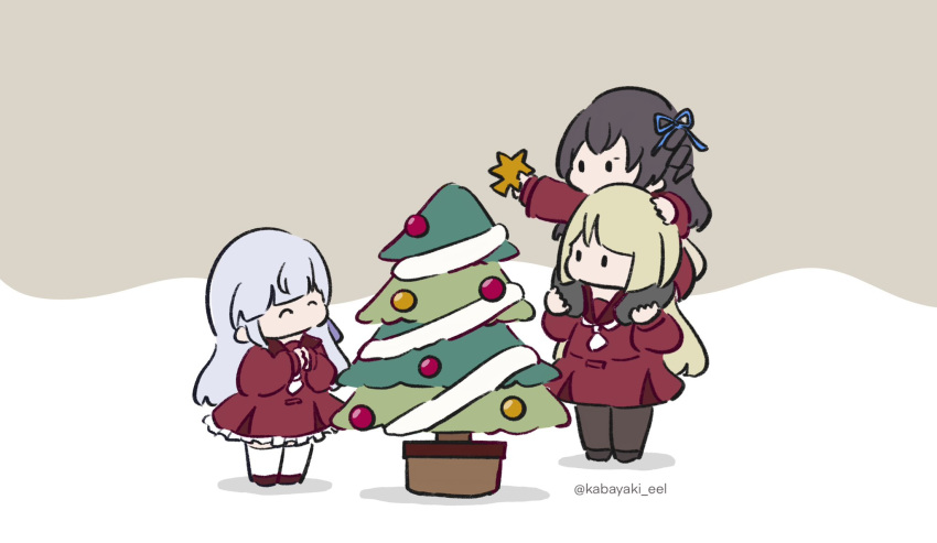 3girls ^_^ assault_lily black_hair black_pantyhose blonde_hair blue_ribbon blunt_bangs brown_background brown_footwear brown_pantyhose brown_sailor_collar carrying chibi christmas christmas_tree closed_eyes cousins decorating drill_hair frilled_skirt frills grey_hair hair_ribbon hand_on_another's_head hand_on_another's_leg hands_up highres holding kabayaki_(kabayaki_eel) kanba_girls_high_school_uniform kon_kanaho long_hair looking_at_object miniskirt miyagawa_takane multiple_girls necktie no_mouth one_side_up outstretched_arm own_hands_together pantyhose red_shirt red_skirt ribbon sailor_collar school_uniform serafuku shirt short_necktie shoulder_carry skirt solid_oval_eyes standing thigh-highs twitter_username two-tone_background v-shaped_eyebrows white_background white_necktie white_thighhighs yokota_haruna