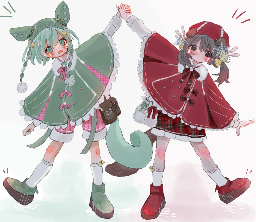 2girls :3 alternate_costume animal_ear_headwear arm_up beanie black_eyes black_hair blush closed_mouth commentary drawn_whiskers expressionless full_body green_eyes green_footwear green_hair green_poncho hat headwear_request highres holding_hands kaai_yuki kneehighs kyuso255 leaning_to_the_side long_hair long_sleeves low_ponytail low_twintails matching_outfits multiple_girls neck_ribbon notice_lines open_mouth pink_shorts plaid plaid_ribbon plaid_shorts plaid_skirt platform_footwear pom_pom_(clothes) poncho red_footwear red_poncho red_skirt ribbon shoes shorts simple_background skirt smile socks standing standing_on_one_leg twintails very_long_hair vocaloid voiceroid voicevox white_background white_socks zundamon