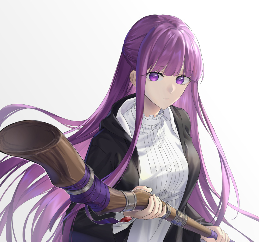 1girl black_robe blunt_bangs breasts closed_mouth commentary dress fern_(sousou_no_frieren) highres holding holding_staff long_hair long_sleeves looking_at_viewer mage_staff medium_breasts purple_hair robe simple_background solo sousou_no_frieren staff suprii upper_body violet_eyes white_background white_dress
