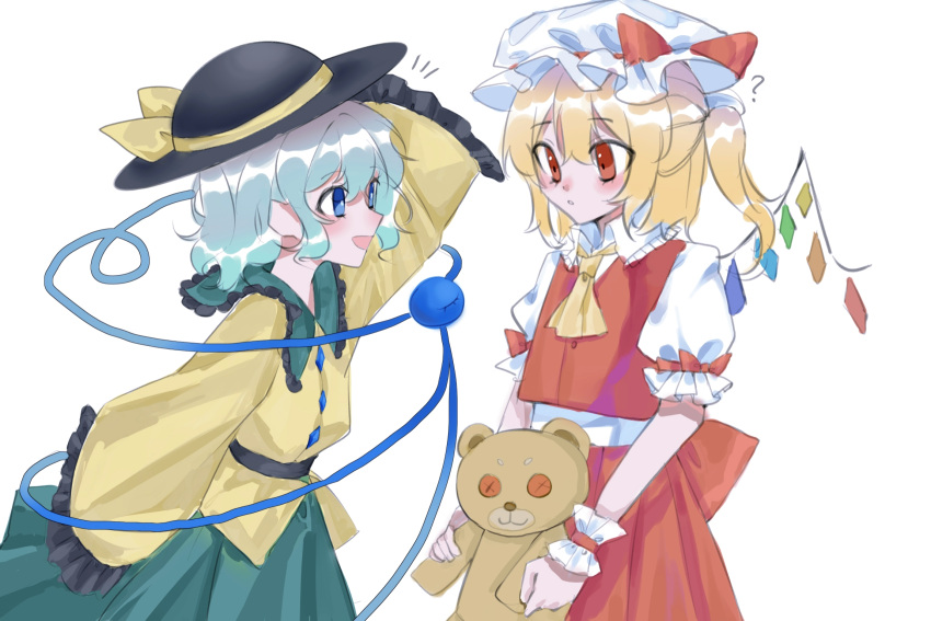 13112062088 2girls ? ascot back_bow black_headwear blouse blue_eyes bow buttons collared_shirt cowboy_shot flandre_scarlet frilled_shirt_collar frilled_sleeves frills green_skirt hat hat_ribbon highres holding holding_stuffed_toy komeiji_koishi large_bow long_sleeves looking_at_another medium_hair mob_cap multicolored_wings multiple_girls open_mouth puffy_short_sleeves puffy_sleeves red_bow red_eyes red_ribbon red_skirt red_vest ribbon ribbon-trimmed_headwear ribbon_trim shirt short_sleeves side_ponytail simple_background skirt sleeve_bow sleeve_ribbon stuffed_animal stuffed_toy teddy_bear third_eye touhou vest white_background white_headwear white_shirt wide_sleeves wings yellow_ascot yellow_ribbon yellow_shirt