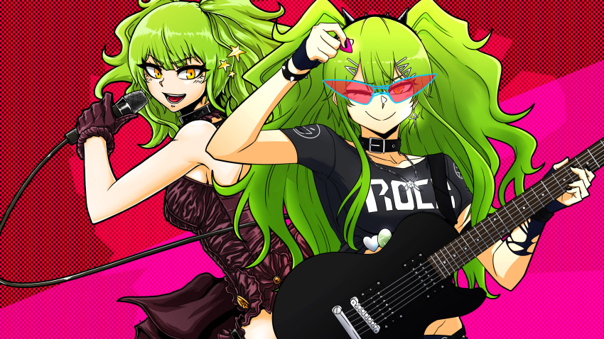 1girl absurdres black_shirt bracelet collar dual_persona earrings girls_frontline glasses green_hair guitar hair_ornament hairclip hairpin highres holding holding_guitar holding_instrument holding_microphone holding_plectrum instrument jewelry long_hair looking_at_viewer m950a_(concert_diva!)_(girls'_frontline) m950a_(girls'_frontline) microphone official_alternate_costume one_eye_closed open_mouth plectrum shirt smile spiked_bracelet spikes star_(symbol) star_hair_ornament tryvor twintails yellow_eyes