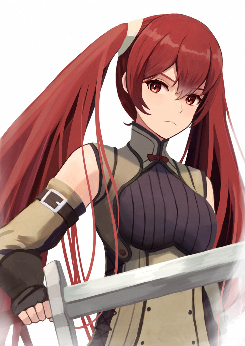 1girl black_gloves bow closed_mouth commentary_request detached_sleeves fire_emblem fire_emblem_awakening gloves hair_between_eyes highres holding holding_sword holding_weapon labebebe_lee long_hair red_bow red_eyes redhead severa_(fire_emblem) simple_background solo sword twintails upper_body weapon white_background