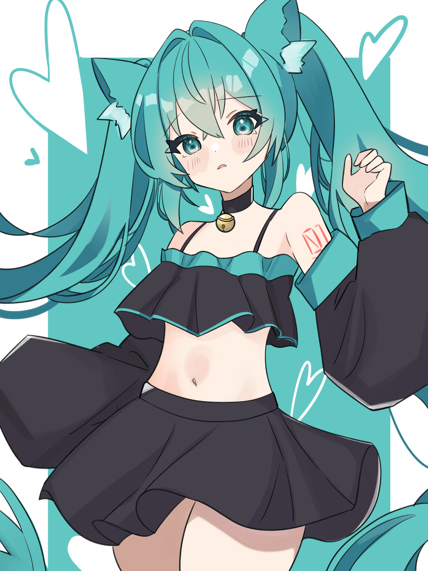 1girl absurdres alternate_costume animal_ear_fluff animal_ears aqua_background aqua_eyes aqua_hair aqua_trim bare_shoulders bell black_shirt black_skirt black_sleeves blue_background blue_eyes blue_hair blue_trim blush cat_ears coco_irasuto collar commentary_request cowboy_shot crop_top detached_sleeves hair_between_eyes hair_intakes hand_up hatsune_miku heart highres jingle_bell long_hair midriff navel neck_bell number_tattoo open_mouth pleated_shirt pleated_skirt shirt skirt solo stomach tattoo transparent_background twintails two-tone_background very_long_hair vocaloid wide_sleeves