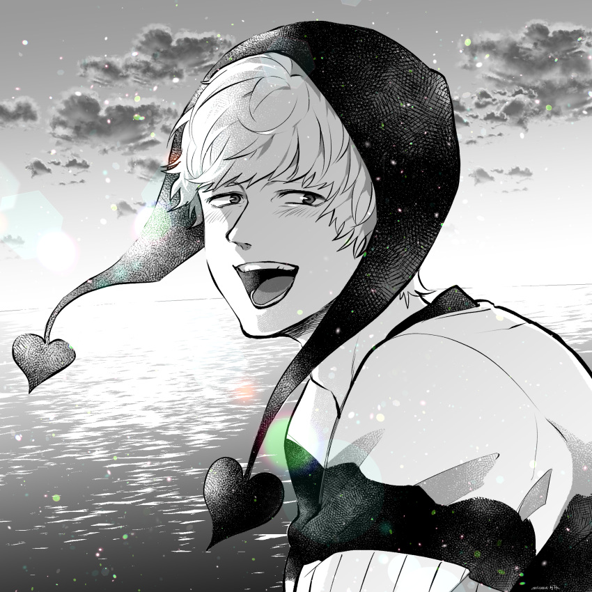 1boy adam's_apple amane_(yukiango69) blush clouds donquixote_rocinante greyscale hat highres long_sleeves looking_at_viewer male_focus monochrome one_piece open_mouth outdoors short_hair signature solo teeth upper_body water
