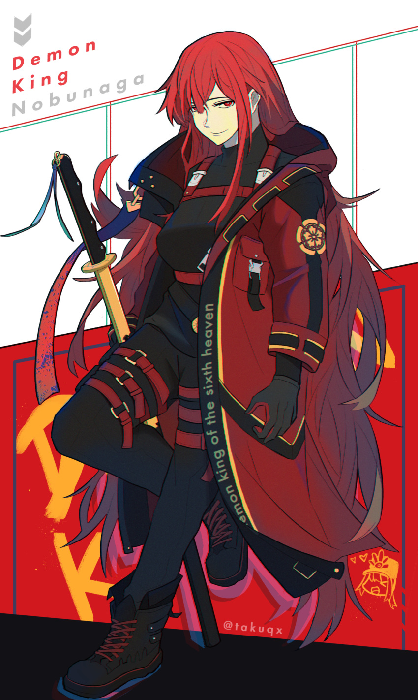 1girl alternate_costume bad_id bad_twitter_id belt black_footwear english_text family_crest fate/grand_order fate_(series) highres jacket katana long_hair long_sleeves looking_at_viewer oda_nobukatsu_(fate) oda_nobunaga_(fate) oda_nobunaga_(maou_avenger)_(fate) oda_uri red_eyes red_jacket redhead shoes solo sword taku_(takuqx) very_long_hair weapon