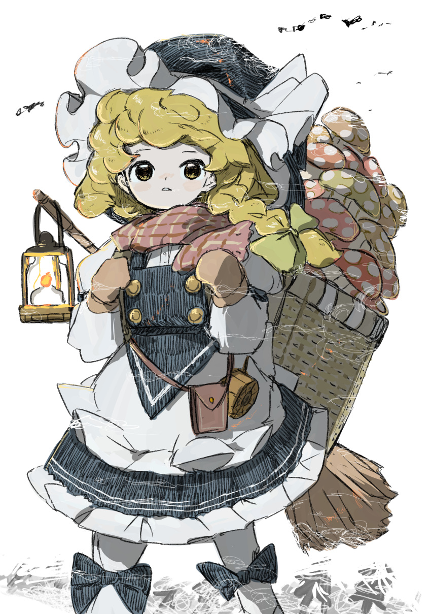 1girl absurdres ankle_bow apron backpack_basket black_bow black_dress black_headwear blonde_hair bow braid broom brown_mittens buttons commentary dress frilled_dress frills hat highres holding_strap kirisame_marisa lantern long_hair long_sleeves looking_at_viewer mittens mushroom neruzou parted_lips plaid plaid_scarf pouch scarf side_braid single_braid solo standing touhou waist_apron white_apron white_background winter_clothes witch_hat yellow_eyes