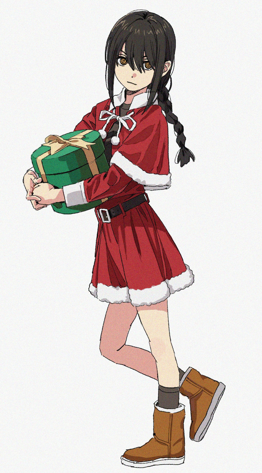 1girl absurdres alternate_costume black_hair box braid braided_ponytail brown_footwear capelet chainsaw_man christmas closed_mouth commentary dress english_commentary full_body fur-trimmed_capelet fur-trimmed_dress fur_trim gift gift_box hair_between_eyes highres holding holding_gift long_hair long_sleeves looking_at_viewer nayuta_(chainsaw_man) red_capelet red_dress ringed_eyes santa_costume shiren_(ourboy83) shoes sidelocks simple_background solo white_background