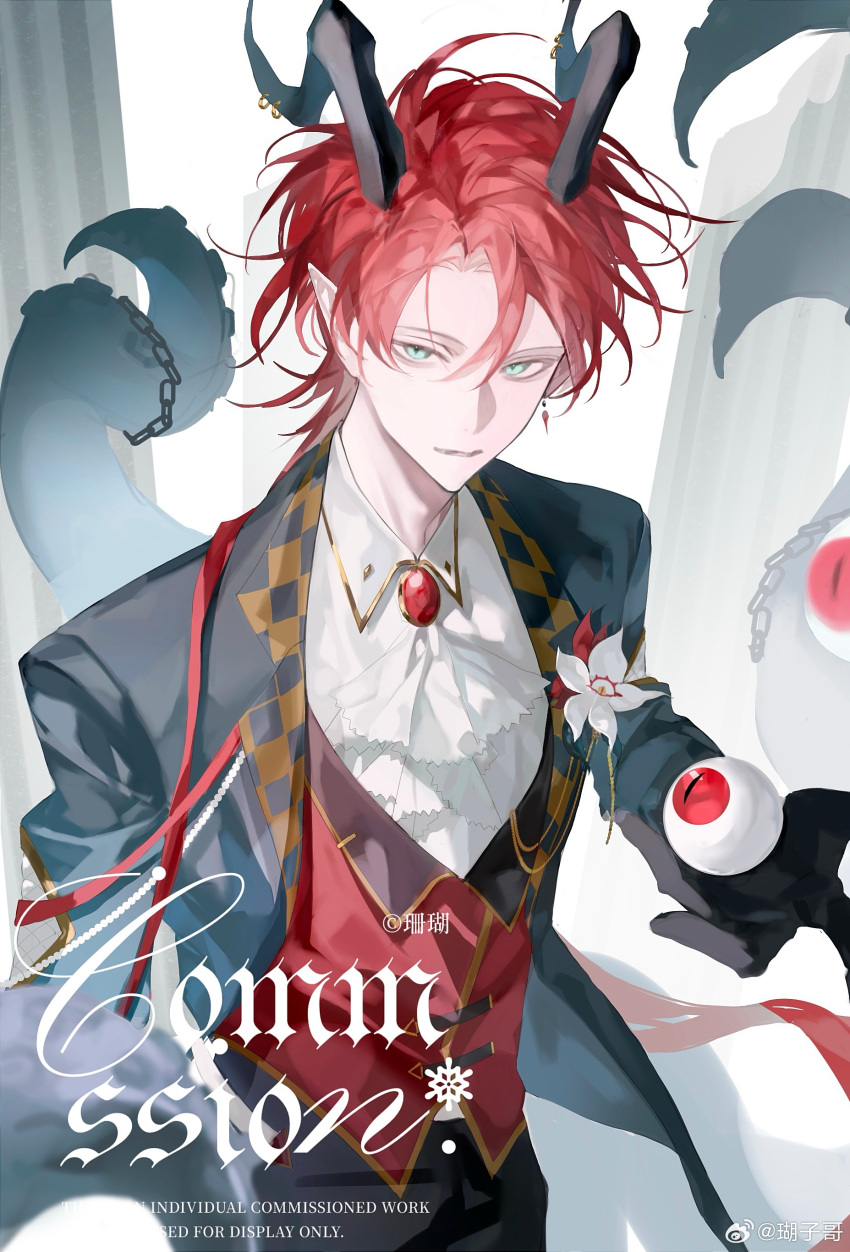1boy absurdres ascot bishounen black_gloves blurry collared_shirt commission demon_boy demon_horns depth_of_field earrings eyeball flower gem gloves green_eyes hair_between_eyes highres horns jacket jewelry long_sleeves looking_at_viewer male_focus open_clothes open_jacket original pearl_(gemstone) pointy_ears red_gemstone redhead shirt short_hair single_earring slit_pupils solo suit tentacles upper_body weibo_7709284049 white_ascot white_flower