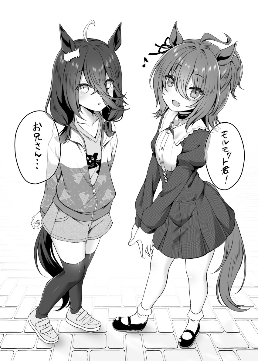 2girls :o aged_down agnes_tachyon_(umamusume) ahoge animal_ears arms_behind_back bobby_socks dress eighth_note fang greyscale hair_between_eyes hair_ribbon highres horse_ears horse_girl horse_tail jacket juliet_sleeves long_sleeves manhattan_cafe_(umamusume) mary_janes monochrome multiple_girls musical_note open_mouth own_hands_together partially_unzipped pendant_choker puffy_sleeves ribbon ryochapu shirt shoes short_ponytail short_twintails shorts skin_fang smile sneakers socks standing tail thigh-highs twintails umamusume v-neck
