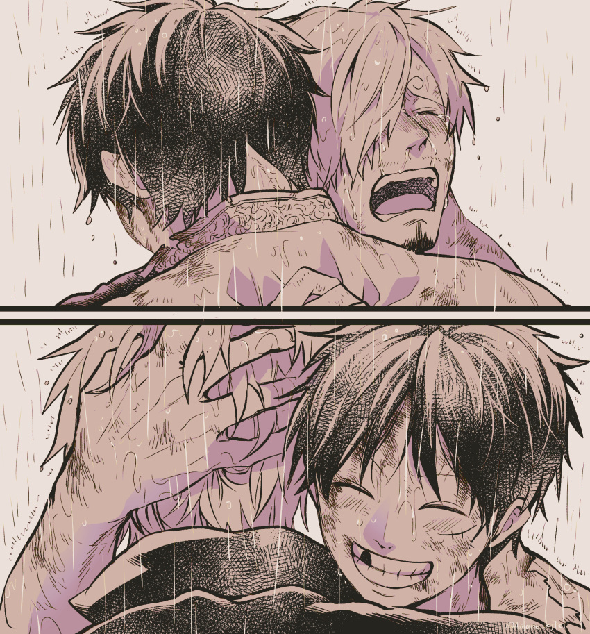 2boys amane_(yukiango69) closed_eyes closed_mouth crying dirty dirty_face facial_hair goatee grin hair_over_one_eye hand_on_another's_head highres hug male_focus missing_tooth monkey_d._luffy monochrome multiple_boys mustache one_piece open_mouth sad sanji_(one_piece) scar scar_on_face short_hair smile teeth