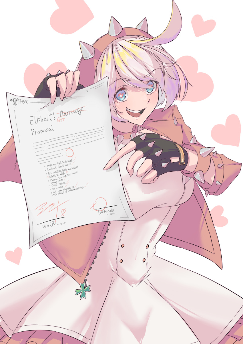 1girl :d absurdres ahoge black_gloves blue_eyes bracelet breasts calmgreentori clover collar commentary contract crossed_out dress elphelt_valentine english_text fingerless_gloves four-leaf_clover frills gloves guilty_gear guilty_gear_strive hairband heart heart-shaped_pupils highres holding holding_paper huge_ahoge jacket jewelry large_breasts long_sleeves looking_at_viewer open_mouth paper pink_jacket short_hair simple_background smile solo spiked_bracelet spiked_collar spiked_hairband spikes symbol-shaped_pupils teeth upper_teeth_only white_background white_dress white_hair