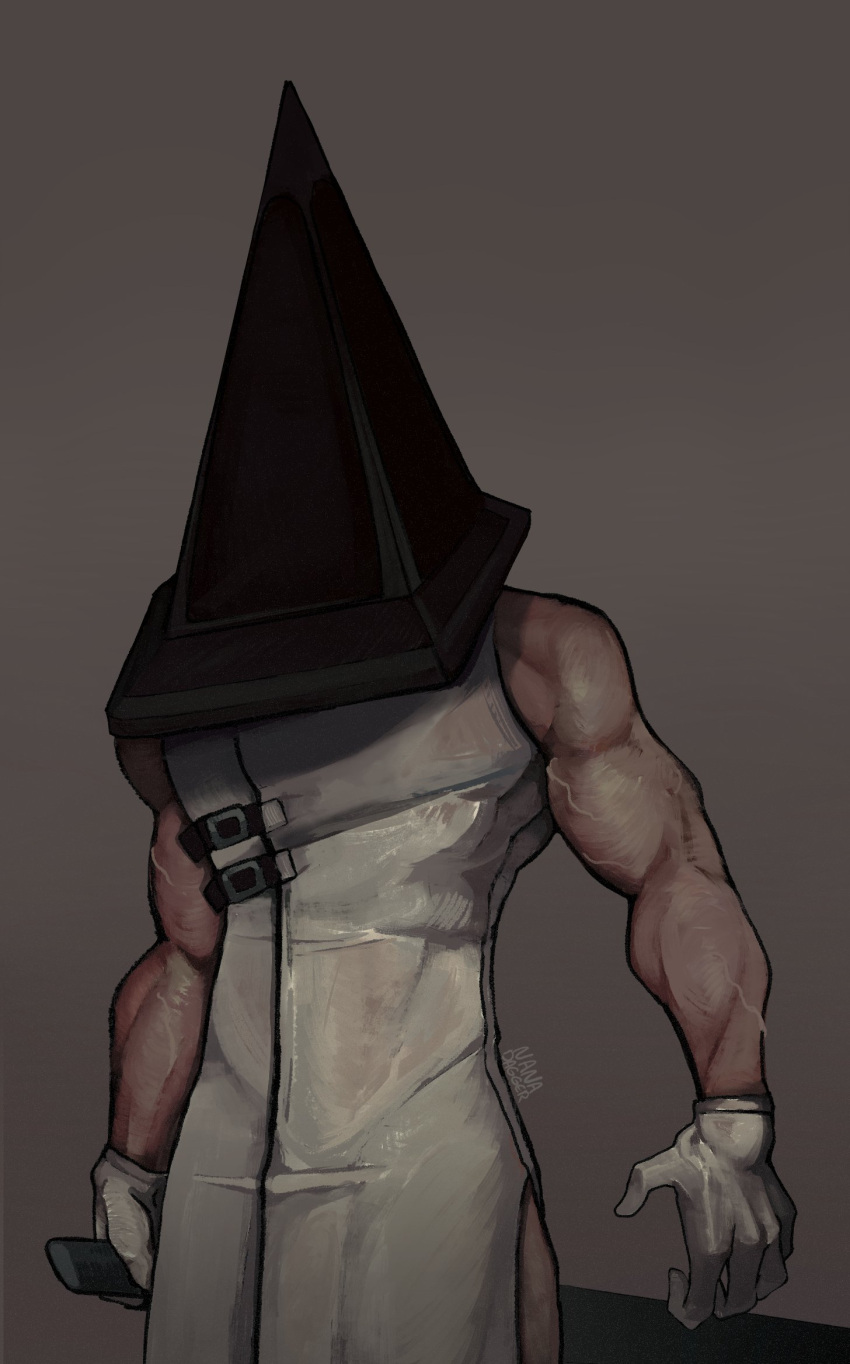 1boy arms_at_sides brown_background cowboy_shot dark_background from_below gloves helmet highres holding male_focus monster_boy muscular muscular_male nanadagger pyramid_head silent_hill_(series) silent_hill_2 simple_background solo sword veins veiny_arms weapon white_gloves