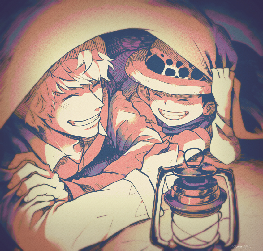 2boys adam's_apple aged_down amane_(yukiango69) blanket closed_eyes collarbone collared_shirt donquixote_rocinante facing_another fingernails grin hand_on_own_arm hat highres lantern long_sleeves male_focus multiple_boys one_piece shirt short_hair signature smile trafalgar_law under_covers