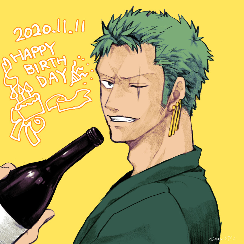 1boy adam's_apple amane_(yukiango69) black_eyes bottle earrings gold_earrings green_hair green_kimono grin happy_birthday highres holding holding_bottle japanese_clothes jewelry kimono looking_at_viewer male_focus one_eye_closed one_piece roronoa_zoro scar scar_across_eye short_hair sideburns sideburns_stubble signature smile solo upper_body yellow_background