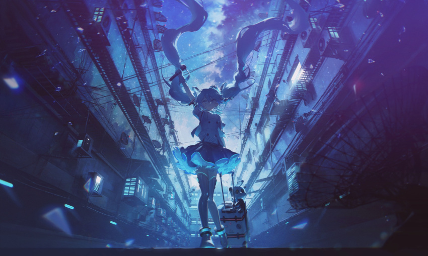 1girl :3 absurdly_long_hair absurdres arm_up blue_eyes blue_hair blue_skirt blue_star_(vocaloid) breasts chinese_commentary commentary_request floating_hair from_below full_body gloves grey_thighhighs hair_between_eyes hatsune_miku highres holding holding_microphone konya_karasue layered_skirt long_hair medium_breasts microphone miniskirt outdoors pleated_skirt shirt short_sleeves skirt solo stuffed_animal stuffed_panda stuffed_toy suitcase thigh-highs twintails very_long_hair vocaloid walking white_gloves white_shirt zettai_ryouiki