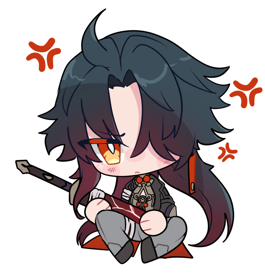 &gt;:( 1boy absurdres ahoge anger_vein artist_request bandaged_arm bandaged_leg bandages bandages_over_clothes black_coat black_footwear blade_(honkai:_star_rail) blush_stickers chibi coat earrings frown grey_pants highres holding holding_sword holding_weapon honkai:_star_rail honkai_(series) jewelry knees_up long_hair looking_at_viewer one_eye_covered pants parted_bangs red_eyes remhydragrove simple_background sitting solo sparkle sword v-shaped_eyebrows weapon white_background