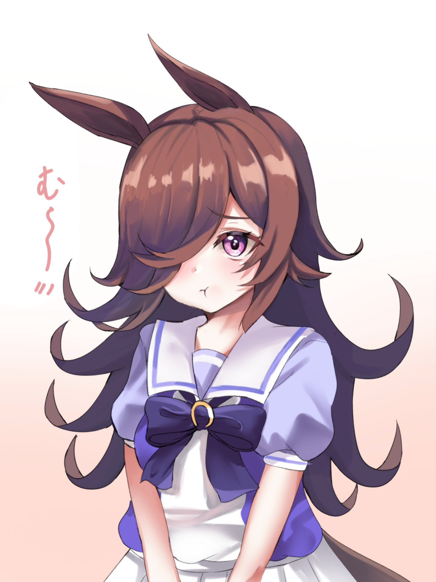 1girl animal_ears bow bowtie brown_hair gradient_background hair_over_one_eye highres horse_ears horse_girl horseshoe_ornament long_hair looking_at_viewer pink_background pleated_skirt pout puffy_short_sleeves puffy_sleeves purple_bow purple_bowtie purple_shirt rice_shower_(umamusume) sailor_collar sailor_shirt school_uniform setu_(shining12) shirt short_sleeves simple_background skirt solo tracen_school_uniform umamusume upper_body violet_eyes white_background white_skirt