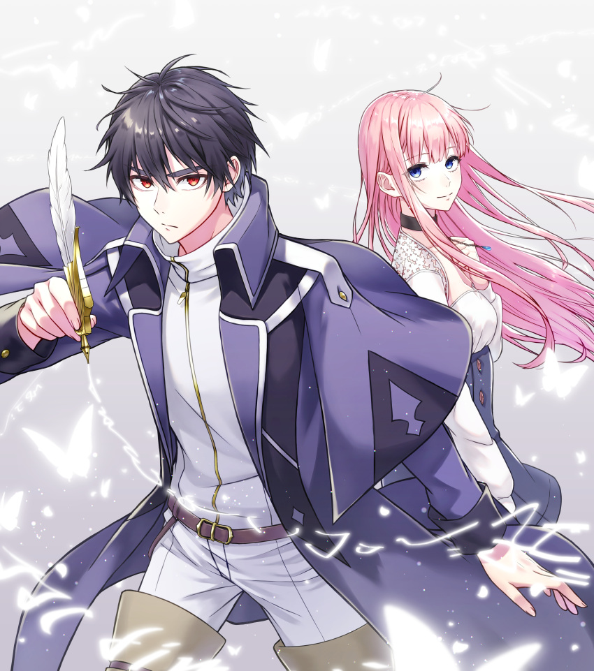 1boy 1girl absurdres adonis_(hametsu_no_oukoku) belt black_hair breasts brown_belt bug butterfly closed_mouth doroka glowing_butterfly hametsu_no_oukoku high_collar highres holding holding_quill jacket long_hair long_sleeves looking_at_viewer medium_breasts multicolored_hair pink_hair quill red_eyes rito_(hepc7777) short_hair smile