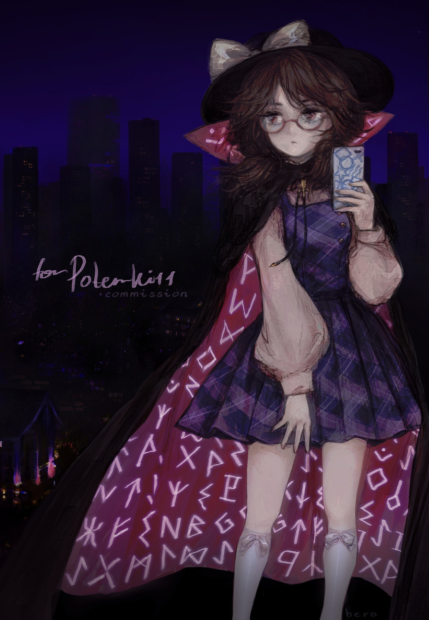 1girl bolo_tie bow bow_legwear brown_hair buttons cloak closed_mouth clothes_writing commentary commission feet_out_of_frame hat hat_bow highres holding holding_phone long_sleeves looking_to_the_side low_twintails medium_hair night official_art phone plaid plaid_skirt plaid_vest puffy_long_sleeves puffy_sleeves purple_skirt purple_vest runes russian_commentary semi-rimless_eyewear shirt skirt socks svveetberry touhou twintails usami_sumireko vest white_bow white_shirt