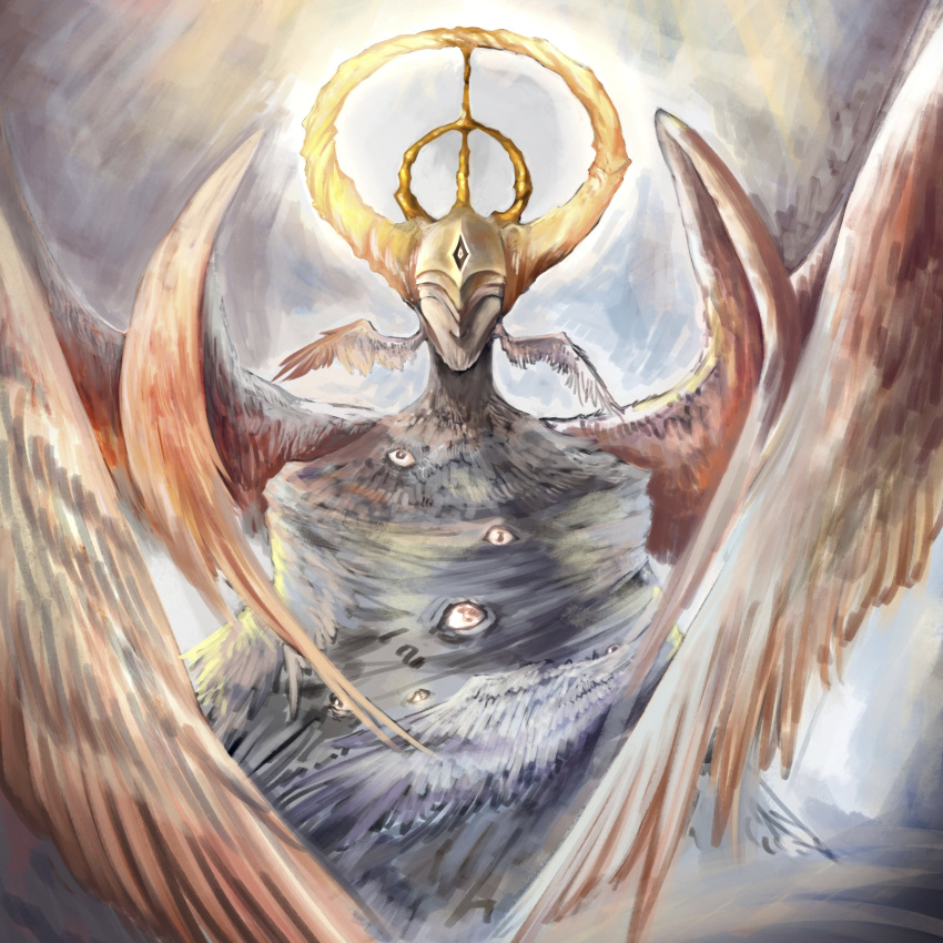 1other absurdres angel angel_wings biblically_accurate_angel conjoined dovahcaine extra_eyes facial_mark feathered_wings forehead_mark gold_headwear halo head_wings highres horns multiple_halos multiple_wings no_mouth original seraph solo wings