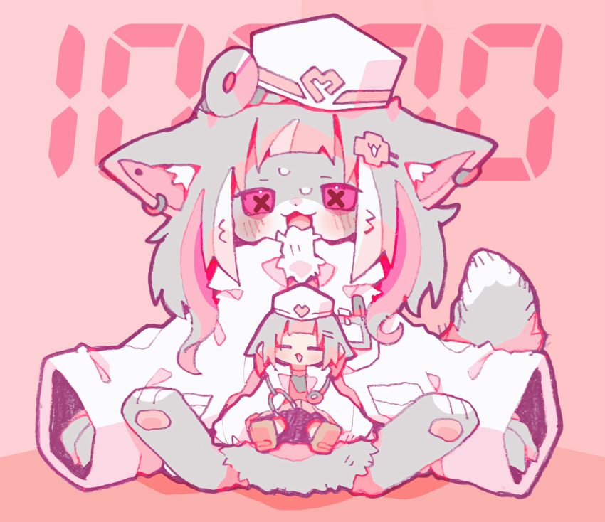 1girl :3 absurdres animal_ear_fluff animal_ears animal_feet animal_hands blush body_fur cat_ears cat_girl cat_tail claws coat cross-shaped_pupils doctor ear_piercing full_body furrification furry furry_female grey_fur grey_hair hair_ornament hairpin hat head_mirror highres long_sleeves looking_at_viewer multicolored_hair neck_fur nikamoka nurse_cap open_mouth original oversized_clothes piercing pink_background pink_eyes pink_hair pink_theme pocket seven-segment_display simple_background sitting solo streaked_hair sweat symbol-shaped_pupils tail white_coat white_fur white_hair white_headwear