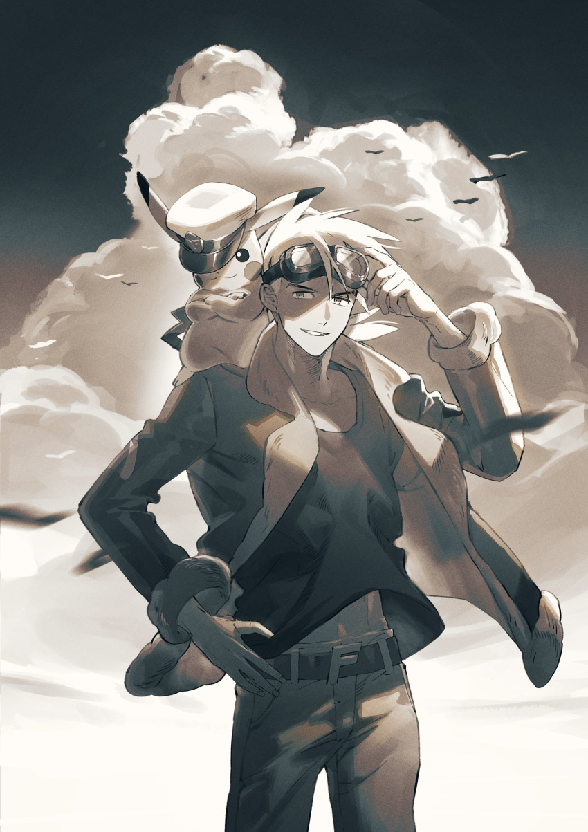 1boy absurdres clouds crossed_arms dauheikin_pkpk friede_(pokemon) goggles goggles_on_head greyscale grin hand_on_own_hip hat highres jacket long_sleeves looking_at_viewer male_focus monochrome on_shoulder open_clothes open_jacket outdoors pants pikachu pokemon pokemon_(anime) pokemon_(creature) pokemon_horizons pokemon_on_shoulder shirt sky smile solo spiky_hair