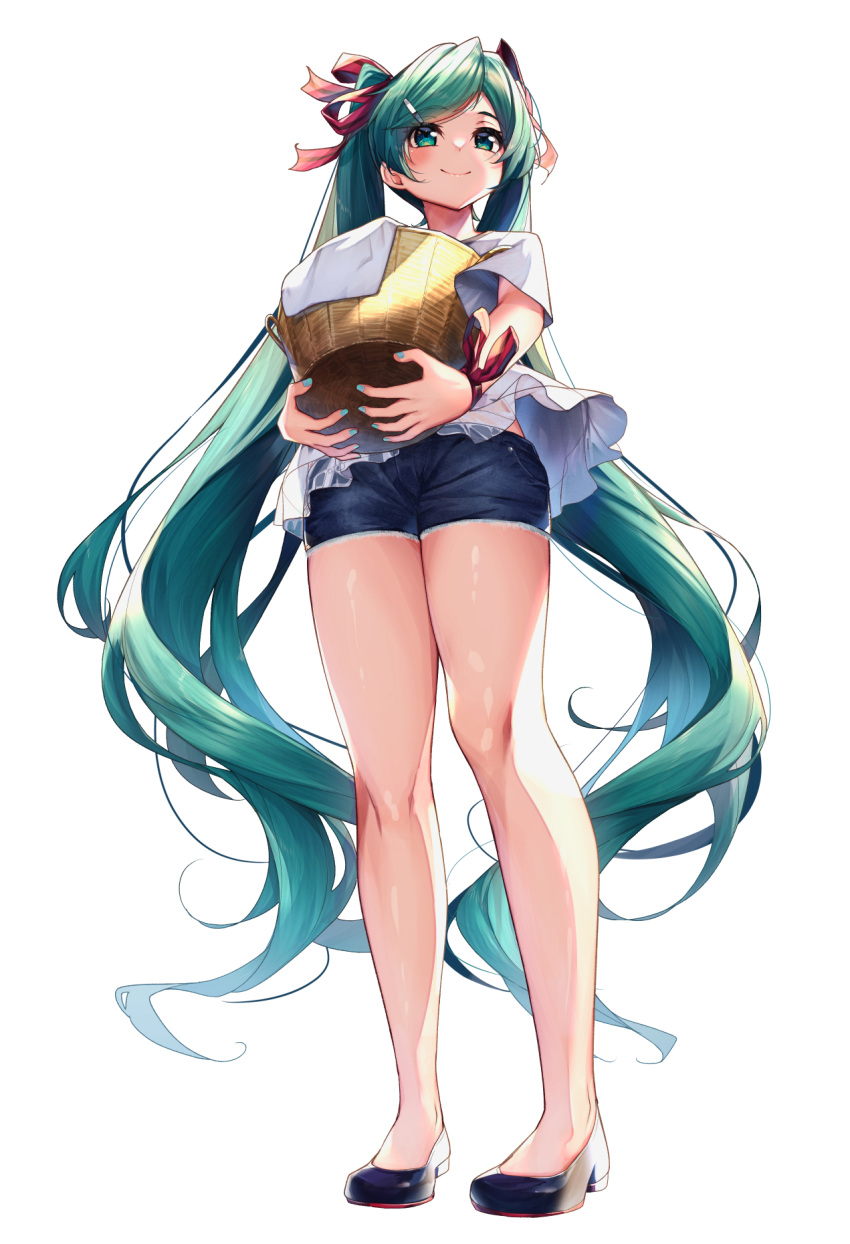 1girl alternate_costume alternate_hairstyle basket black_footwear blush bow casual closed_mouth commentary_request denim denim_shorts eyelashes floating_clothes from_below full_body green_eyes green_hair green_nails hair_ornament hair_ribbon hairclip hatsune_miku high_heels highres holding holding_basket laundry laundry_basket legs long_hair looking_up marutenmaruten nail_polish parted_bangs project_diva_(series) pumps red_bow red_ribbon ribbon sekiranun_graffiti_(vocaloid) shiny_(module) shirt short_sleeves shorts simple_background smile solo standing straight_hair thighs twintails very_long_hair vocaloid white_background white_shirt wrist_bow