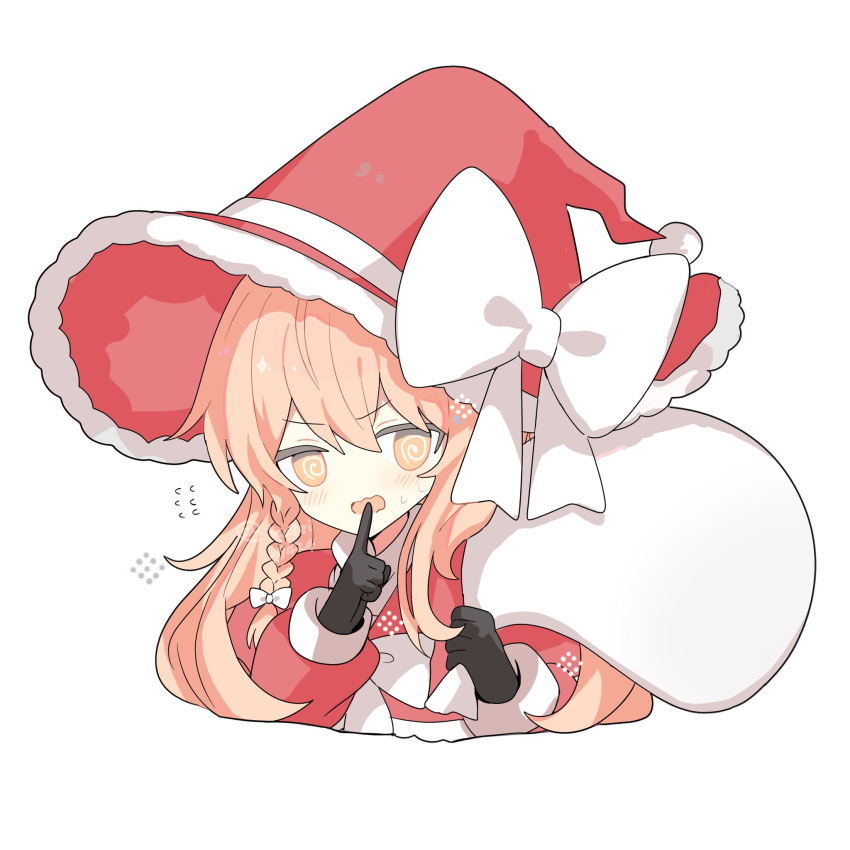 1girl adapted_costume black_gloves blonde_hair bow finger_to_mouth gloves hat highres holding holding_sack jacket kirisame_marisa large_bow long_hair red_headwear red_jacket sack santa_costume shirocha_tei shushing solo touhou white_background white_bow witch_hat yellow_eyes