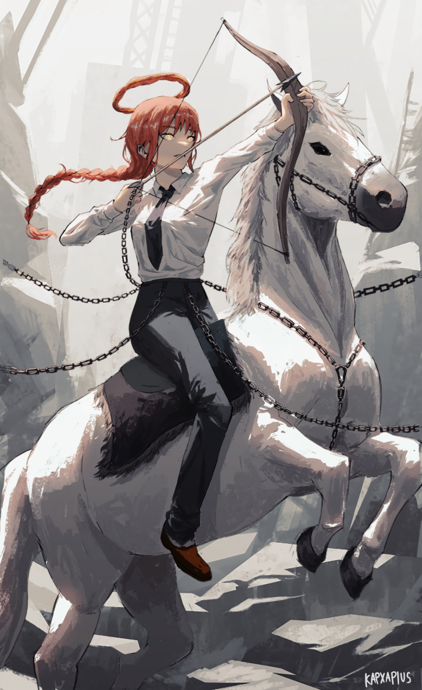 1girl arrow_(projectile) black_necktie black_pants blood_halo bow_(weapon) braid braided_ponytail chain chainsaw_man collared_shirt formal high-waist_pants highres holding holding_bow_(weapon) holding_weapon horse horseback_riding kapxapius long_hair makima_(chainsaw_man) necktie office_lady outdoors pants redhead riding ringed_eyes shirt shirt_tucked_in solo weapon white_shirt yellow_eyes