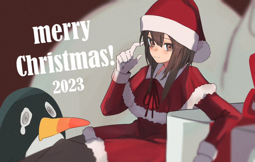 1girl 2023 @_@ black_pantyhose box brown_eyes brown_hair capelet christmas closed_mouth dress failure_penguin fur_trim gift gift_box gloves hair_between_eyes hat hato_kan highres kantai_collection looking_at_viewer merry_christmas pantyhose red_dress santa_costume santa_hat simple_background sitting taihou_(kancolle) white_gloves