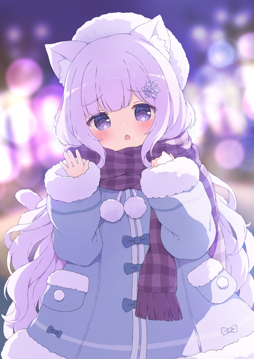 1girl :o animal_ears blue_coat blurry blurry_background bow cat_ears coat fang hair_ornament highres original purple_hair purple_scarf scarf snowflake_hair_ornament tyakomes violet_eyes waving winter_clothes winter_coat