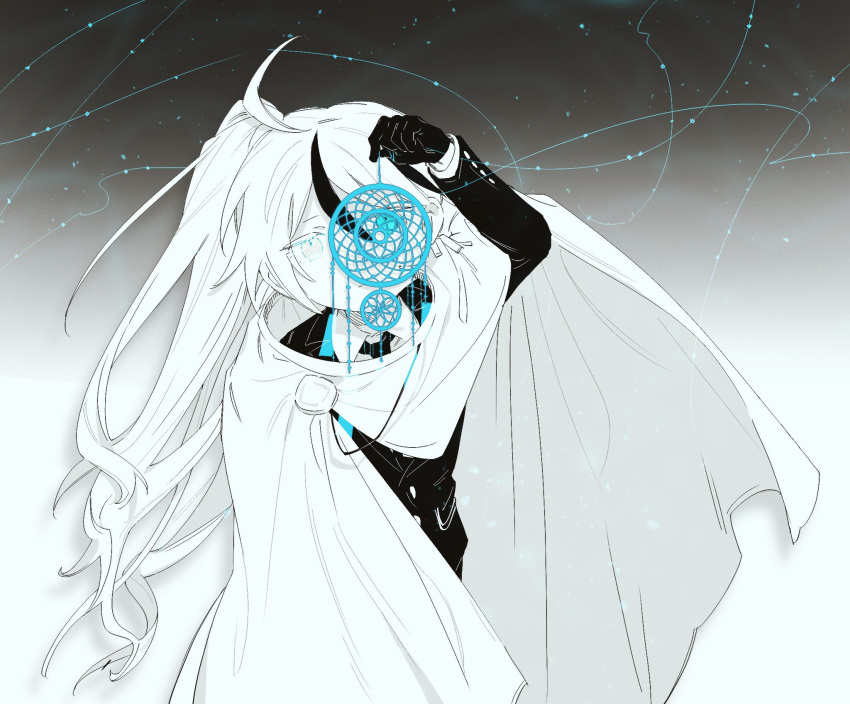 1boy ahoge blue_eyes cape collared_shirt dream_catcher gloves greyscale hand_up highres jacket library_of_ruina long_hair long_sleeves looking_at_viewer meijiichigo monochrome necktie project_moon shirt side_ponytail solo spot_color very_long_hair yan_vismok