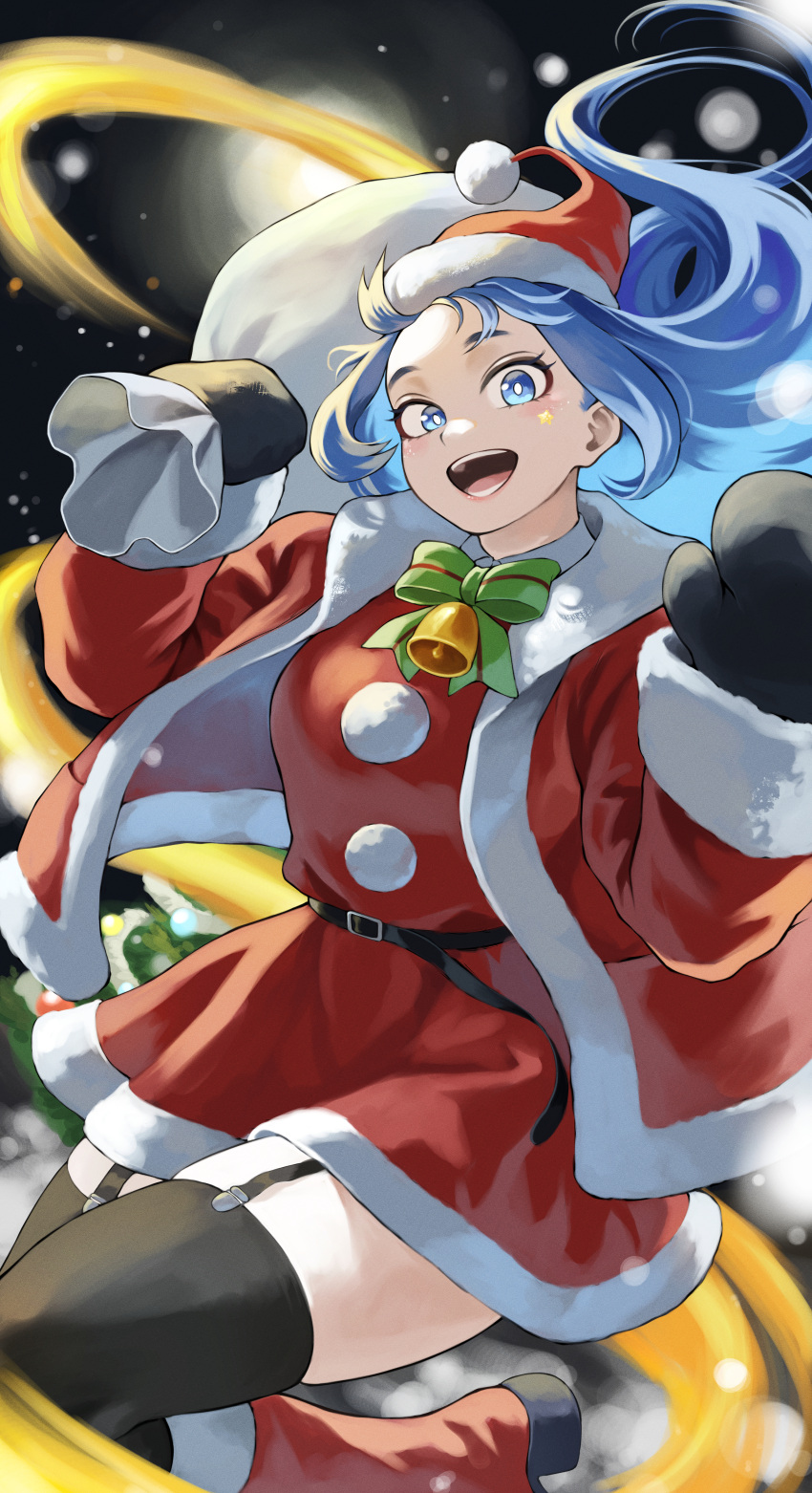 1girl absurdres alternate_costume belt black_belt black_garter_straps black_gloves black_thighhighs blue_eyes blue_hair boku_no_hero_academia boots bright_pupils christmas commentary_request fengling_(furin-jp) garter_straps gloves hadou_nejire hat highres long_hair looking_at_viewer open_mouth red_footwear red_headwear santa_costume santa_hat solo star_sticker teeth thigh-highs white_pupils