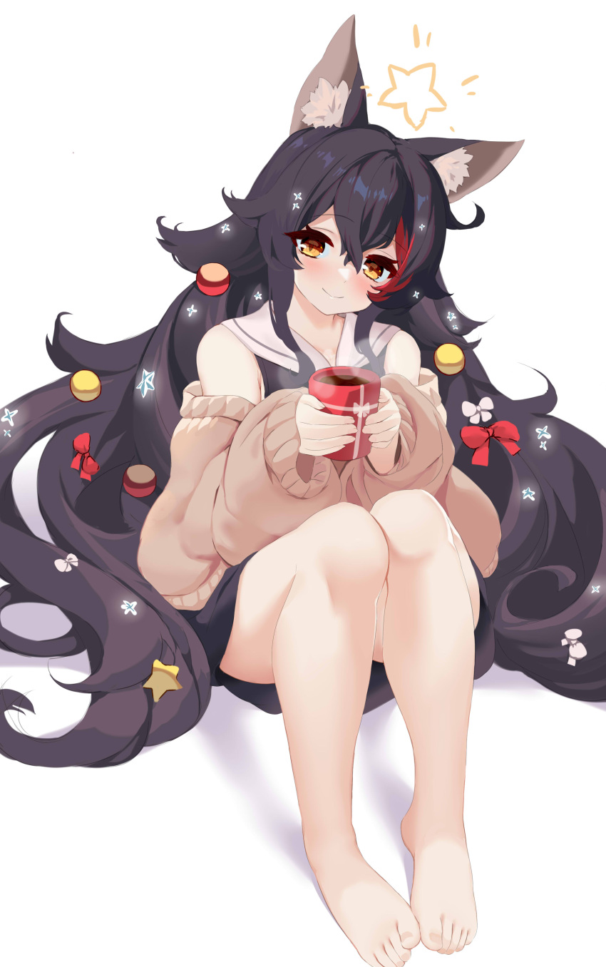 1girl absurdres animal_ear_fluff animal_ears barefoot black_hair blush bow brown_eyes christmas_ornaments commentary crossed_bangs cup hair_bow hair_ornament head_tilt highres holding holding_cup hololive long_hair long_sleeves looking_at_viewer multicolored_hair off_shoulder ookami_mio redhead simple_background sitting smile solo star_(symbol) star_hair_ornament streaked_hair symbol-only_commentary very_long_hair virtual_youtuber white_background wolf_ears wolf_girl xiaodong327399