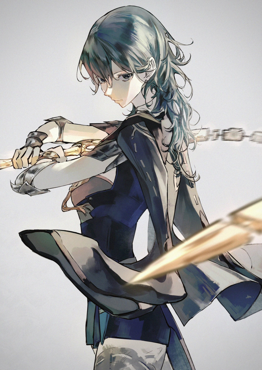 1girl armor black_armor black_jacket black_shorts blue_eyes blue_hair brown_thighhighs byleth_(female)_(fire_emblem) byleth_(fire_emblem) closed_mouth fire_emblem fire_emblem:_three_houses grey_background hair_between_eyes highres holding holding_sword holding_weapon jacket jacket_on_shoulders lkppp long_hair looking_at_viewer shorts simple_background solo sword sword_of_the_creator thigh-highs weapon