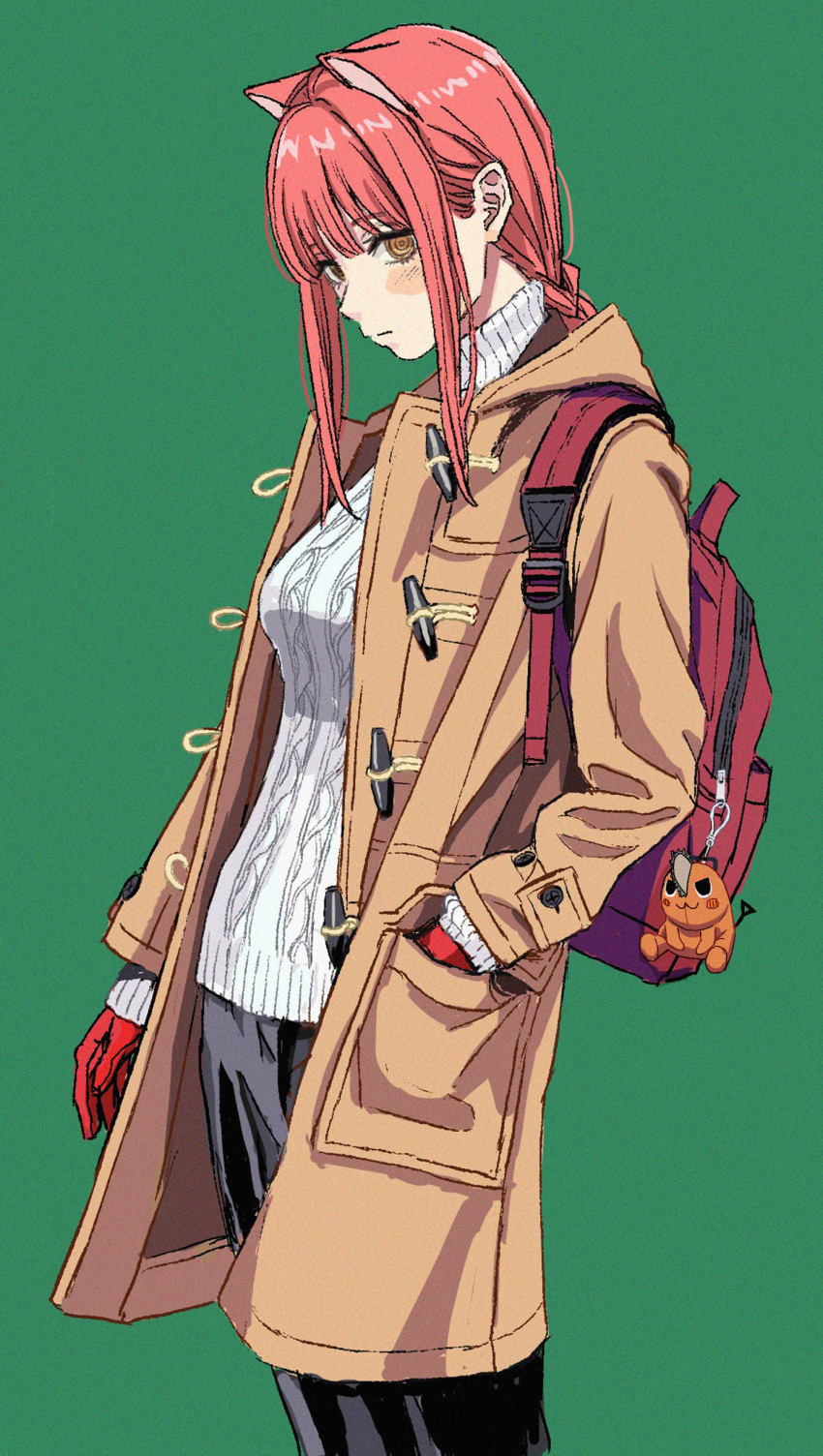 1girl absurdres animal_ears backpack bag bag_charm black_pants blush braid brown_coat brown_eyes cable_knit casual cat_ears chain chainsaw_man charm_(object) coat commentary cowboy_shot english_commentary gloves green_background hair_behind_ear hand_in_pocket highres kemonomimi_mode long_hair long_sleeves looking_at_viewer makima_(chainsaw_man) open_clothes open_coat pale_skin pants pochita_(chainsaw_man) red_bag red_gloves redhead ringed_eyes shiren_(ourboy83) sidelocks single_braid solo sway_back sweater turtleneck turtleneck_sweater white_sweater winter_clothes