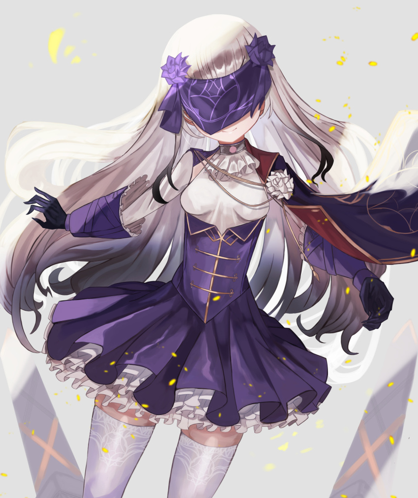 1girl black_gloves breasts dress eye_mask fate/grand_order fate_(series) flower frilled_dress frills gloves grey_hair highres looking_at_viewer m0_chi melusine_(fate) melusine_(second_ascension)_(fate) purple_dress smile solo thigh-highs white_flower white_thighhighs