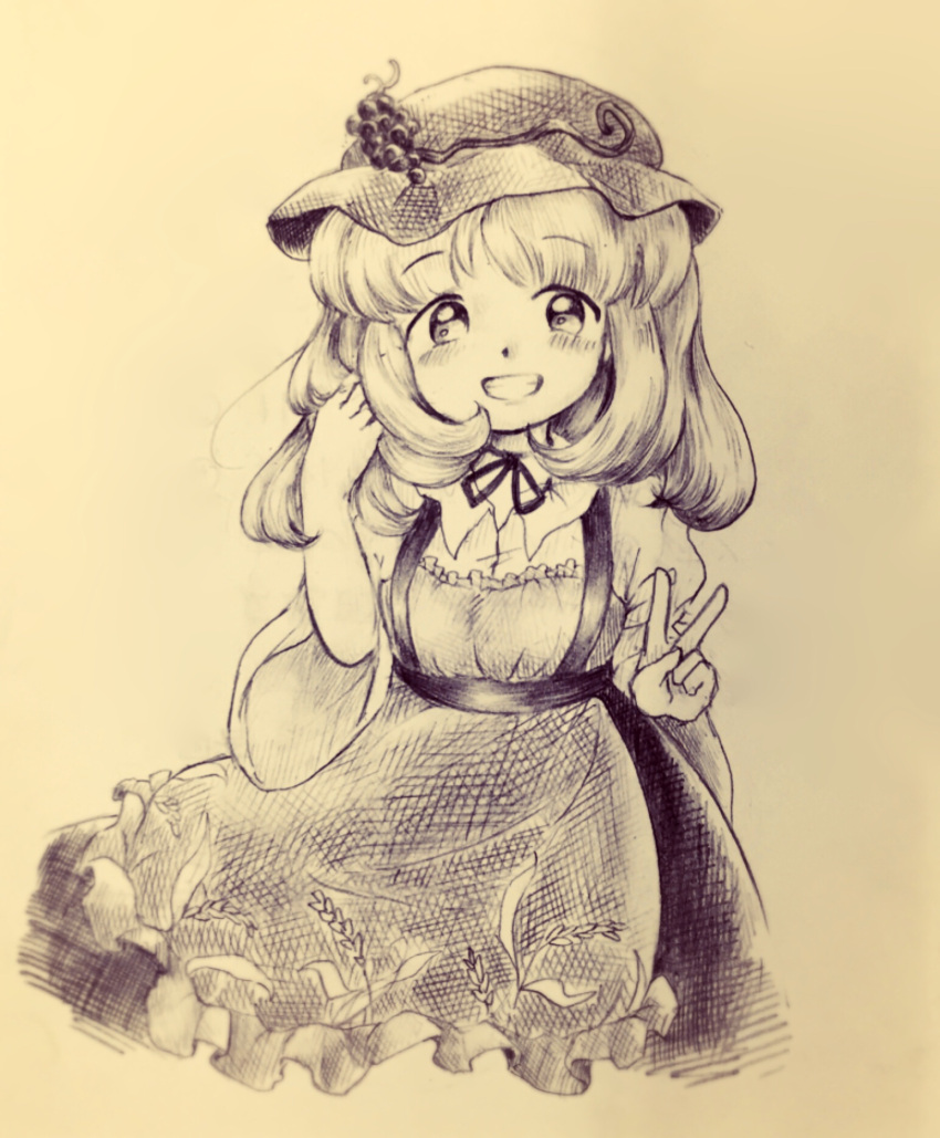 1girl aki_minoriko busujima_tetoro cowboy_shot grape_hat_ornament greyscale hand_in_own_hair happy hat highres long_sleeves looking_at_viewer medium_hair monochrome neck_ribbon open_mouth ribbon sepia sepia_background simple_background solo teeth touhou v wide_sleeves
