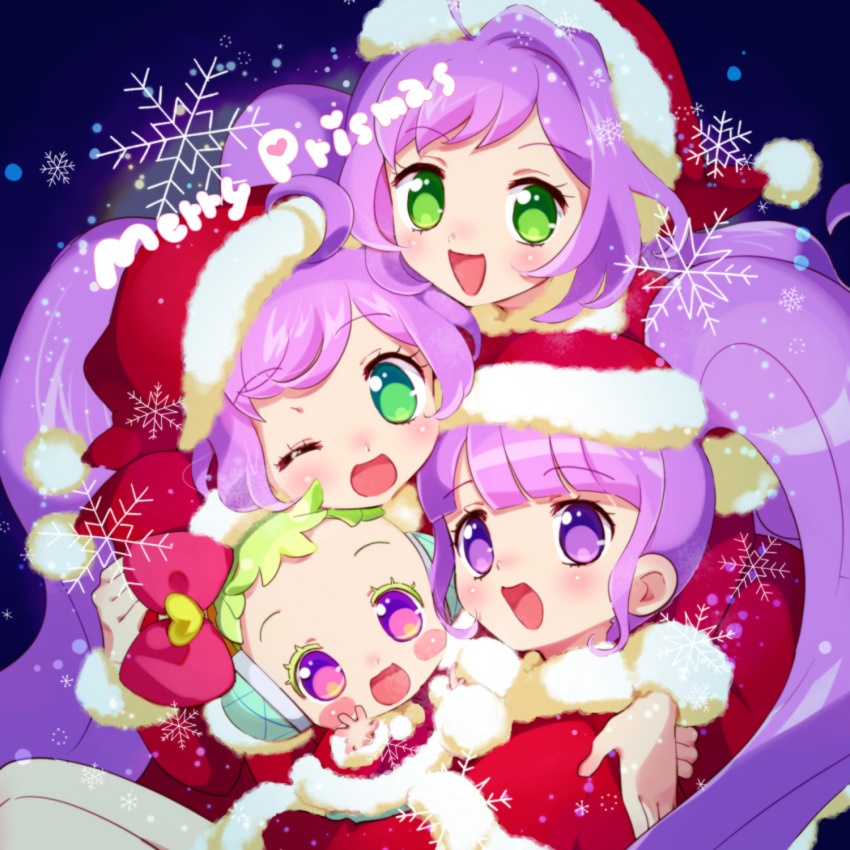 4girls :d ;d ahoge baby blue_background blunt_bangs blush bow christmas commentary_request family green_eyes green_hair hair_bow hat highres hug jewlie_(pripara) long_hair looking_at_viewer manaka_himeka manaka_laala manaka_non merry_christmas mother_and_daughter multiple_girls ndo2 one_eye_closed open_mouth pink_bow pretty_series pripara purple_hair red_headwear santa_costume santa_hat short_hair siblings side_ponytail sisters smile snowflakes twintails upper_body very_long_hair violet_eyes
